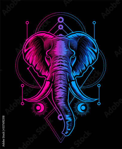 elephant head with sacred geometry pattern-vector retro illustration.