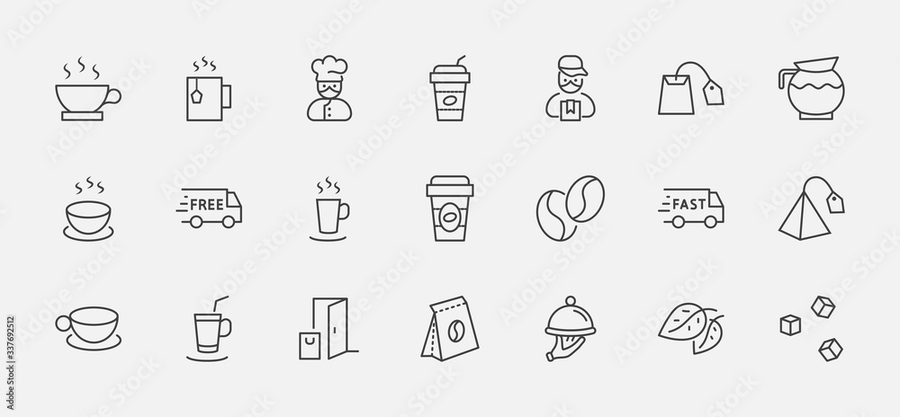 Set of Coffee and Tea Vector Line Icons. Contains such Icons as Cup of Tea, Teabags, Coffee beans and Green Tea Leaves, a pitcher of Water, Sugar Cubes and more. Editable Stroke. 32x32 Pixels Set of Coffee and Tea Vector Line Icons. Contains such Icons as Cup of Tea, Teabags, Coffee beans and Green Tea Leaves, a pitcher of Water, Sugar Cubes and more. Editable Stroke. 32x32 Pixels