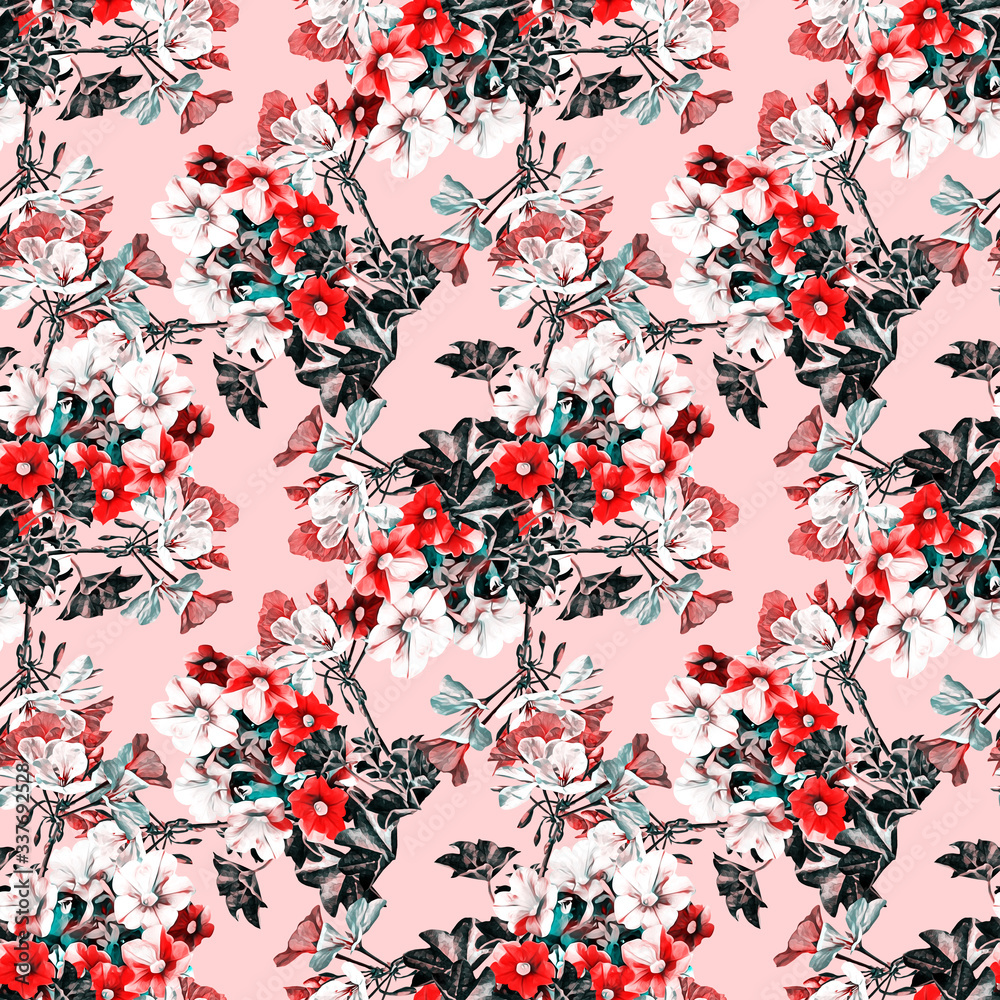 Petunia with geraniaflowers, seamless pattern. Petunia with geraniaflowers, seamless pattern.