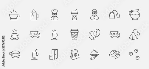 Set of Coffee and Tea Vector Line Icons. Contains such Icons as Cup of Tea, Teabags, Coffee beans and Green Tea Leaves, a pitcher of Water, Sugar Cubes and more. Editable Stroke. 32x32 Pixels