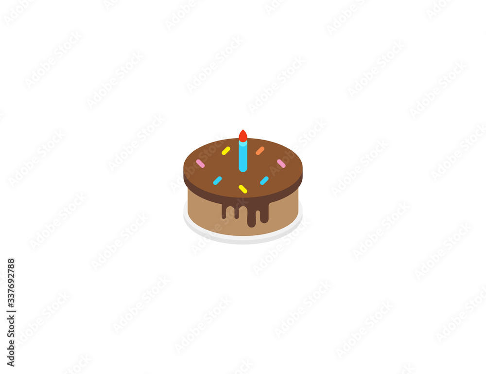 Birthday cake vector flat icon. Isolated chocolate cake with candle