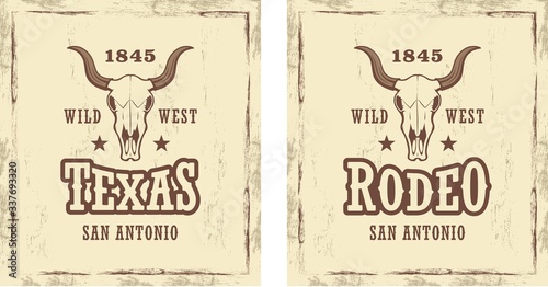 Set of color illustrations of buffalo skull with text and stars on a background with grunge texture. Vector illustration on the theme of the wild west of America in vintage style.