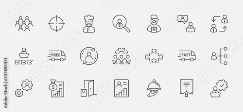 Set of People Management Related Vector Line Icons. Contains such Icons as Target, Puzzle, Certificate, Personal data processing, Task Manager, Qualification, Head Hunting and more. Editable Stroke