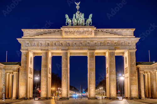 The illuminated Brandenburg Gate in Berlin at night with no people