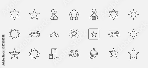 Set of Stars Vector Line Icons. Contains such Icons as Starry night, falling star, firework, twinkle, glow, glitter burst and more. Outline signs for glossy material. Editable Stroke. 32x32 Pixels.