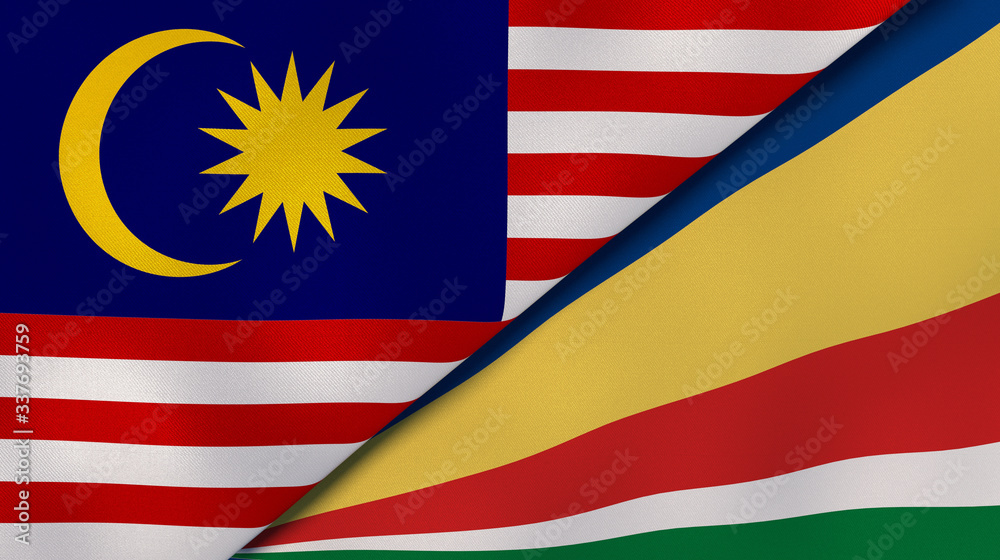 The flags of Malaysia and Seychelles. News, reportage, business background. 3d illustration