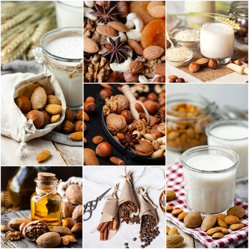 Food collage of seven photos. Concept of vegan diet, healthy food. Various raw nuts, spices, alternative lactose free milk and oil. Delecious veggie meal, low calories, tasty and diverse
