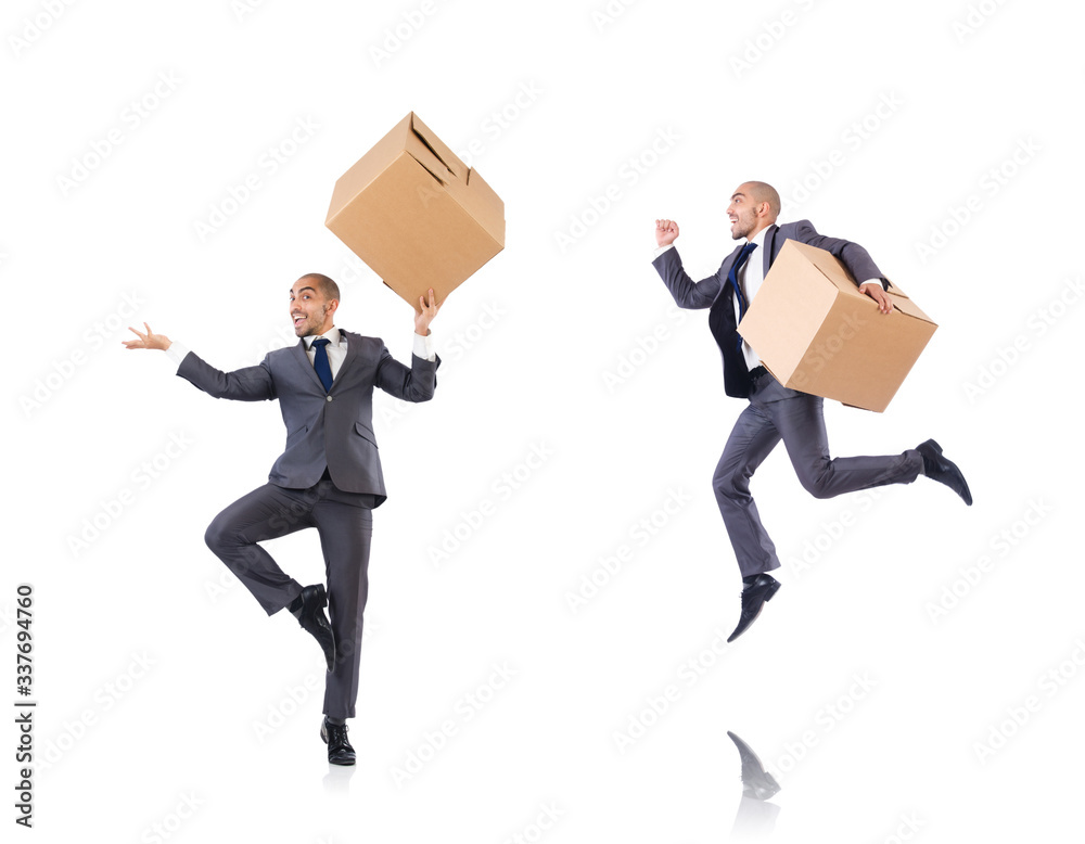 Businessman with box isolated on the white Businessman with box isolated on the white