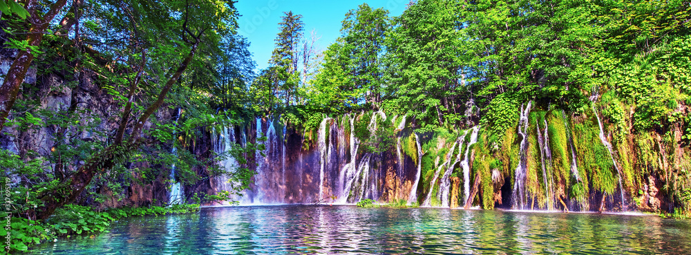 Magical beautiful, breathtaking scenic scenery with waterfalls in the national reserve in Plitvice, Croatia. Charming places. Panorama.