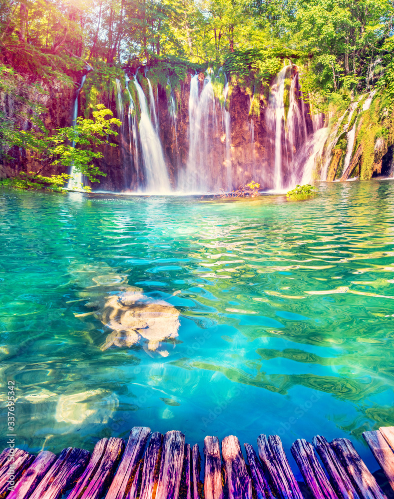 Incredibly beautiful fabulous magical landscape with a waterfall in Plitvice, Croatia (harmony meditation, antistress - concept)