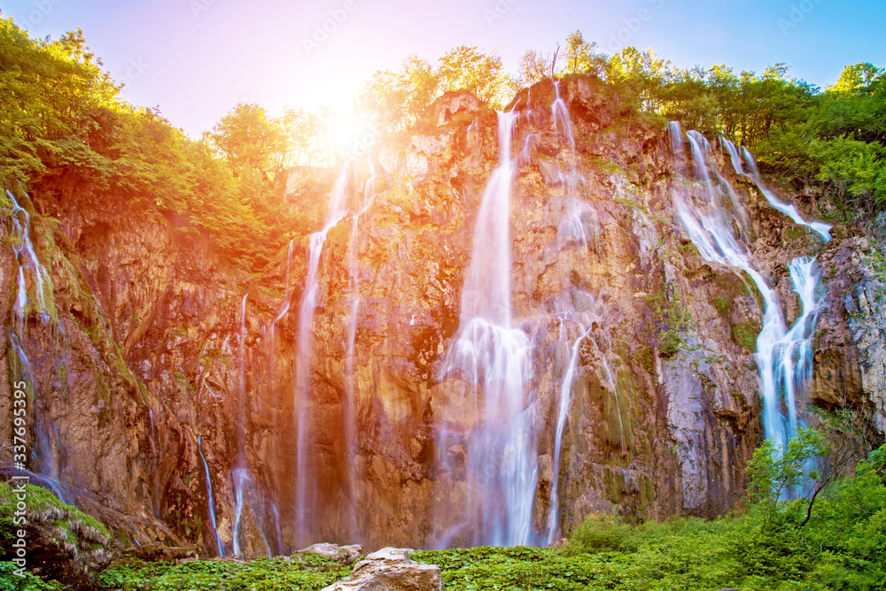 Incredibly beautiful fabulous magical landscape with a waterfall in Plitvice, Croatia (harmony meditation, antistress - concept)