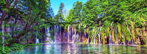 Obraz na płótnie Magical beautiful, breathtaking scenic scenery with waterfalls in the national reserve in Plitvice, Croatia. Charming places. Panorama. w salonie