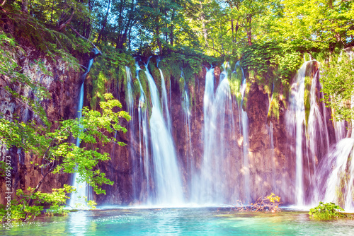 Incredibly beautiful fabulous magical landscape with a waterfall in Plitvice  Croatia  harmony meditation  antistress - concept 