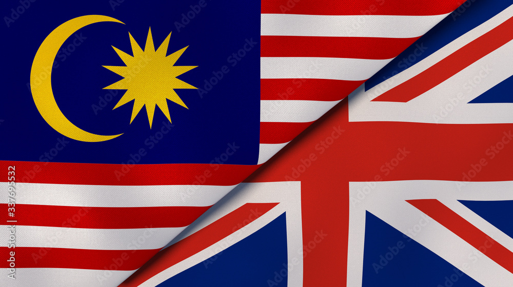 Obraz premium The flags of Malaysia and United Kingdom. News, reportage, business background. 3d illustration