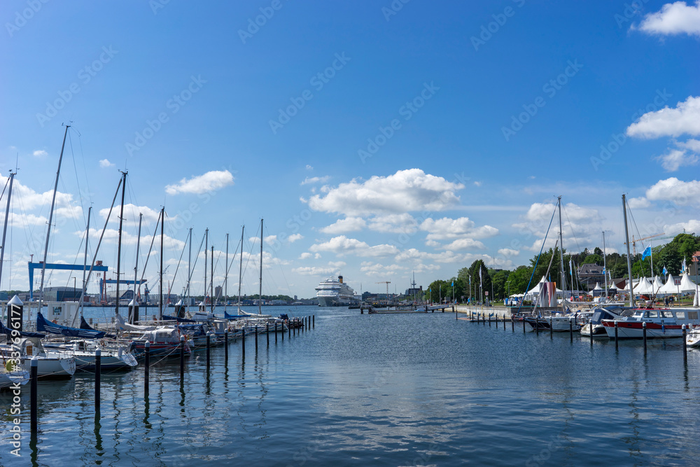 Panoramic view from the side of a cruise liner to the center of Kiel, Germany