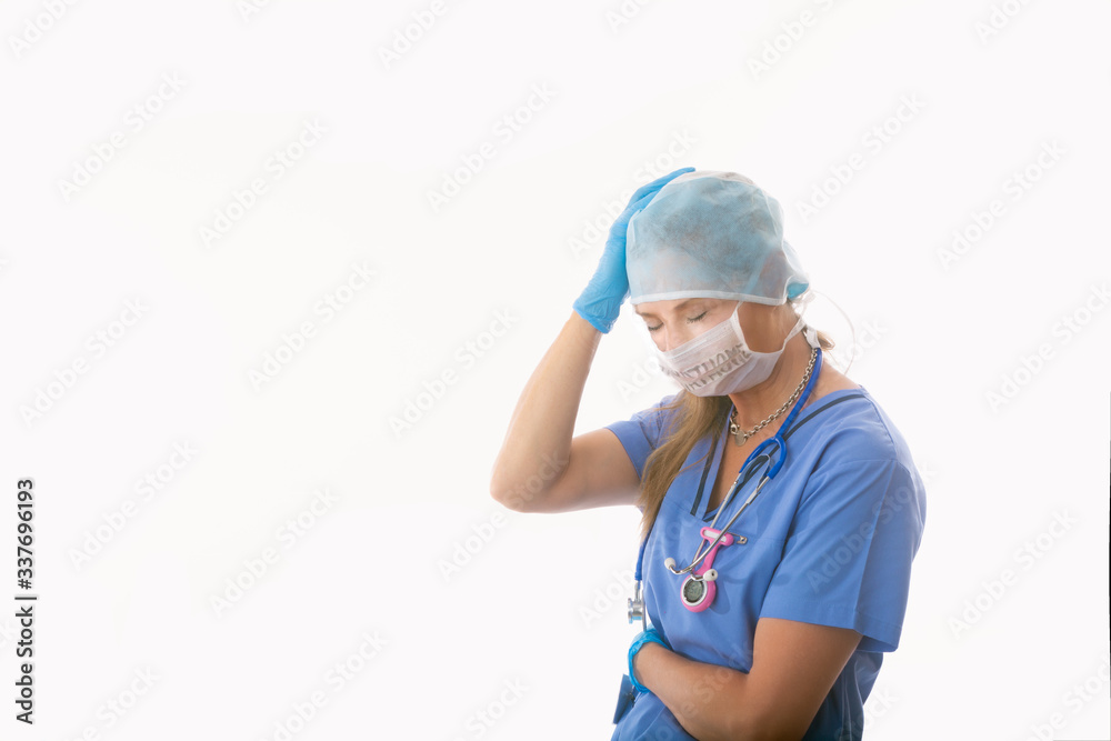 COVID-19 Stressed hopsital nurse healthcare worker during coronavirus or flu pandemic COVID-19 Stressed hopsital nurse healthcare worker during coronavirus or flu pandemic