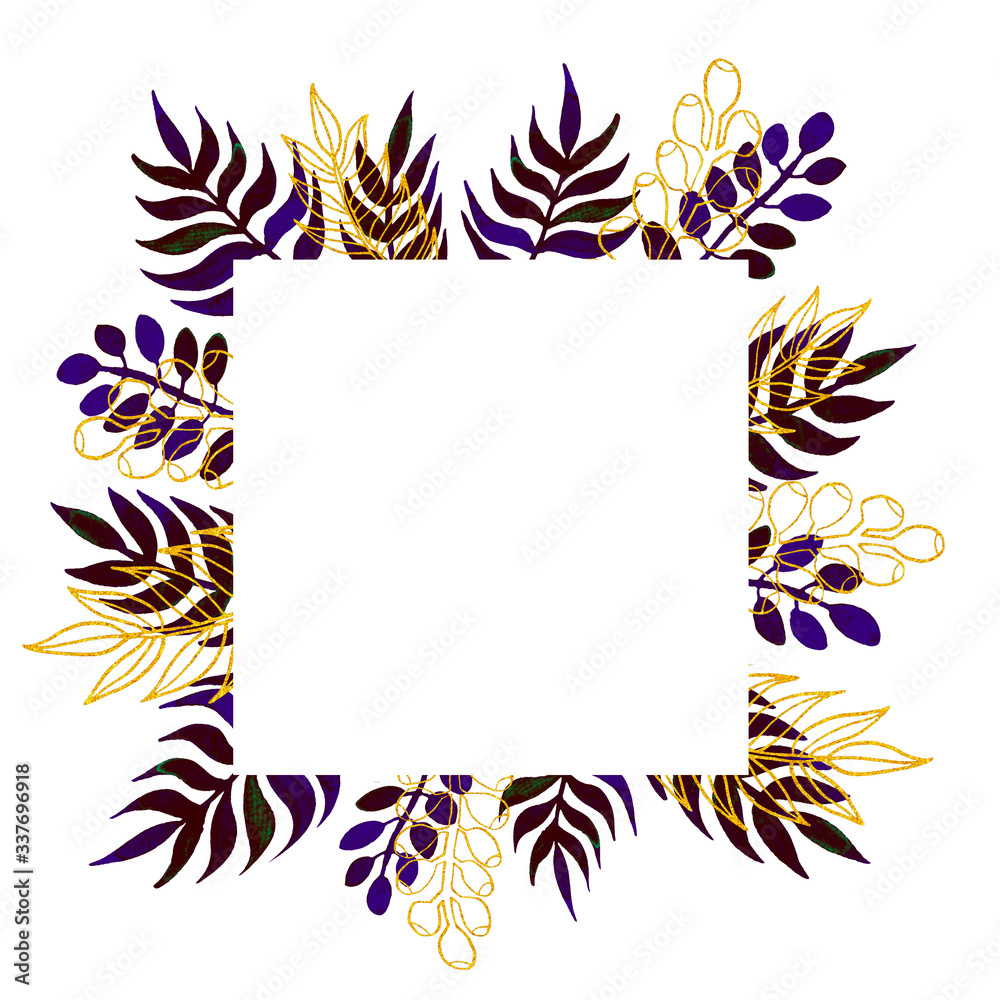 Square frame with watercolor and lineart hand painted leaves. Dark colored ink and white elements isolated on white background. Botanical composition for design, textile, wallpaper, print Square frame with watercolor and lineart hand painted leaves. Dark colored ink and white elements isolated on white background. Botanical composition for design, textile, wallpaper, print