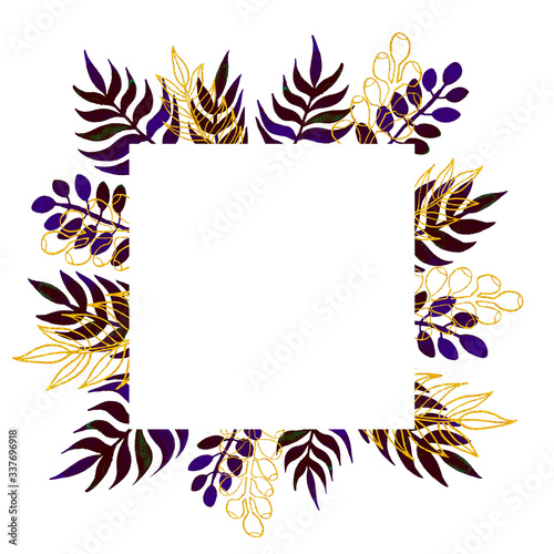 Square frame with watercolor and lineart hand painted leaves. Dark colored ink and white elements isolated on white background. Botanical composition for design, textile, wallpaper, print