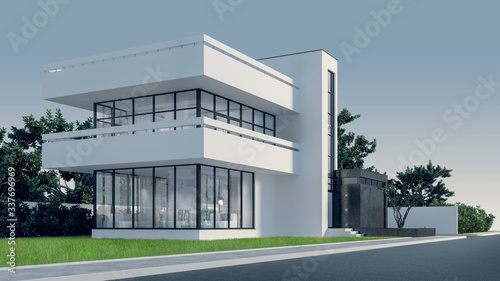 Modern house with white stucco with a balcony and a high staircase, in daylight against a background of green trees and a white fence with Windows to the street. 3D stock illustration.