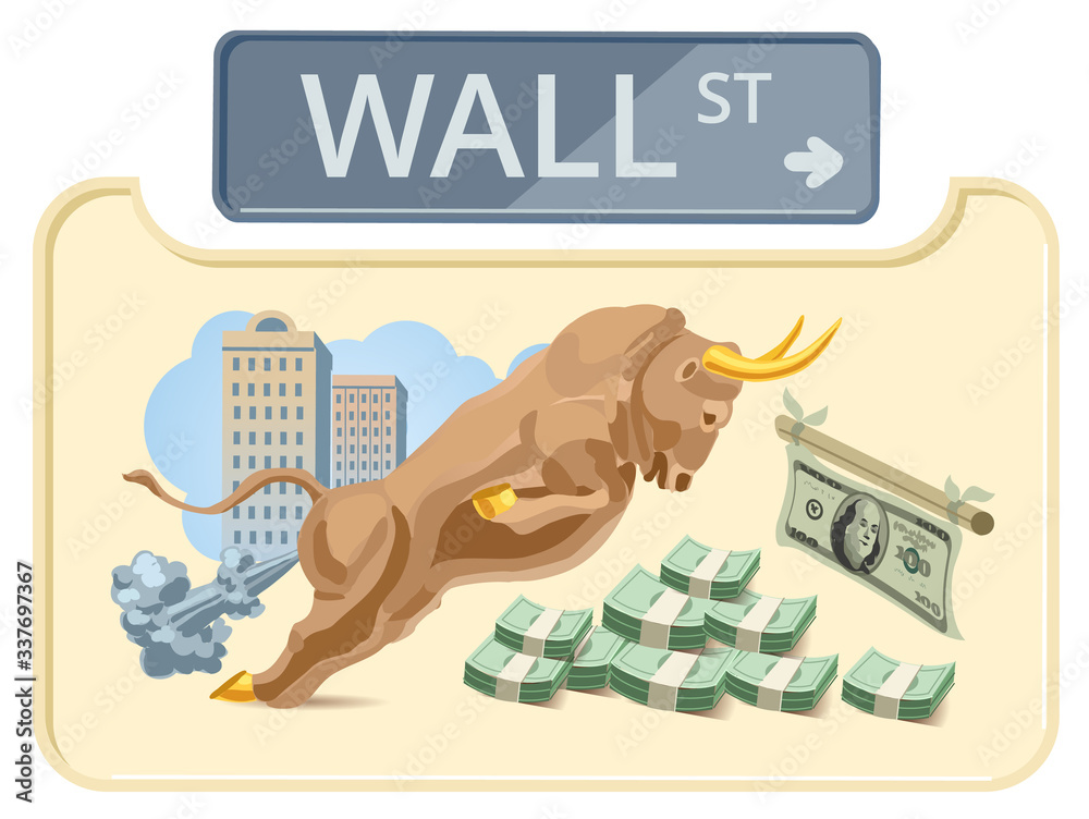 Wall Street Bull. Financial center, money. Wall Street Attacking Bull. Vector illustration