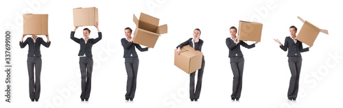 Woman businesswoman with boxes on white © Elnur