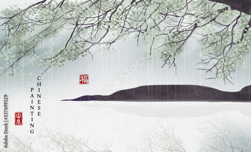 Chinese ink painting art background plant elegant landscape view of tree branch by the river in a rainning day. Chinese translation : Landscape and Blessing.