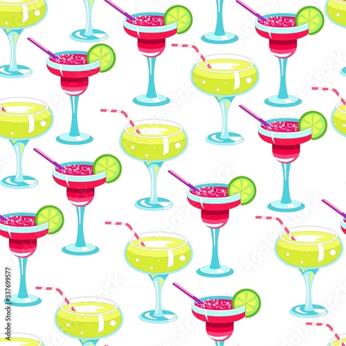 Cocktails with lime slices, alcoholic beverages seamless pattern
