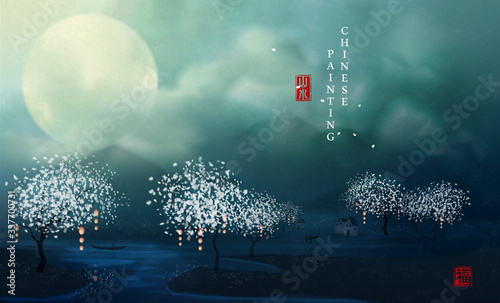 Chinese ink painting art background elegant landscape view of idyllic beautul land with full moon mountain surrounded by cloud at night. Chinese translation : Landscape and Blessing.