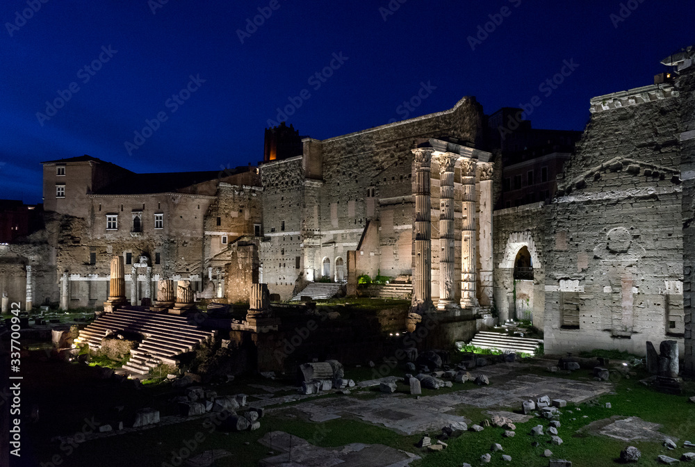 Rome, Imperial Forum by night with Temple of Marte Ultore 