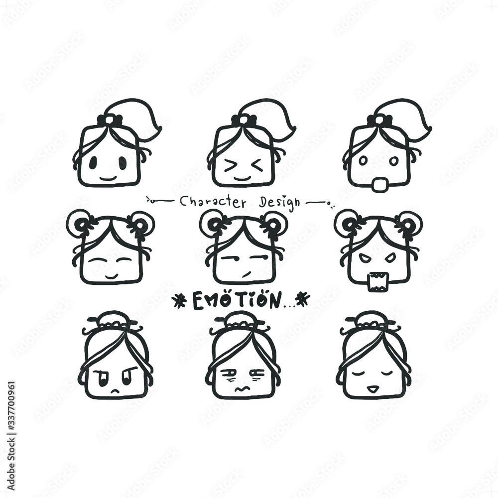 cute girls emotion doodle set, for character design guideline, hand drawn icons collection. black and white vector illustration, cute girls emotion doodle set, for character design guideline, hand drawn icons collection. black and white vector illustration,