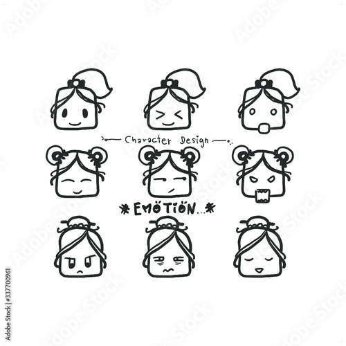 Fototapeta Naklejka Na Ścianę i Meble -  cute girls emotion doodle set, for character design guideline, hand drawn icons collection. black and white vector illustration, 