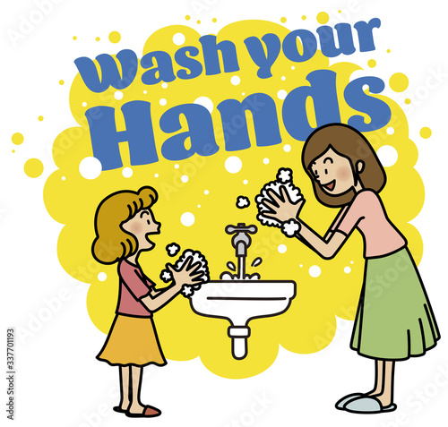 Girl and Mother washing hands to prevent virus transmission