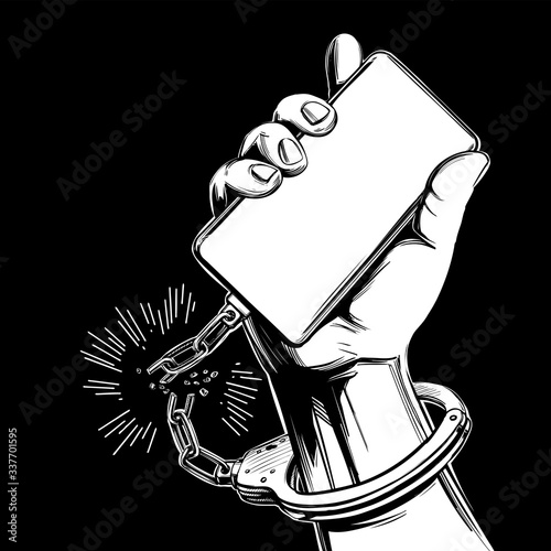 hand handcuffed to a smartphone with a broken chain, release from social media addiction,, digital technology icon hand drawn vector illustration sketch