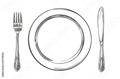 empty plate, Cutlery knife and fork, time to eat, hand drawn vector illustration realistic sketch