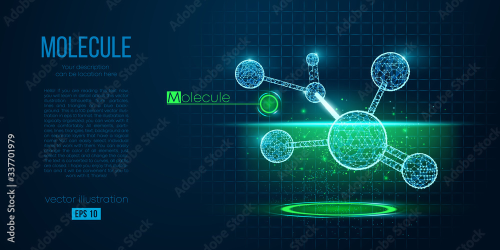 Abstract silhouette of the polygonal molecule on blue background. Scanning, research, study of the molecular world. Holographic low poly, wireframe vector. Thanks for watching