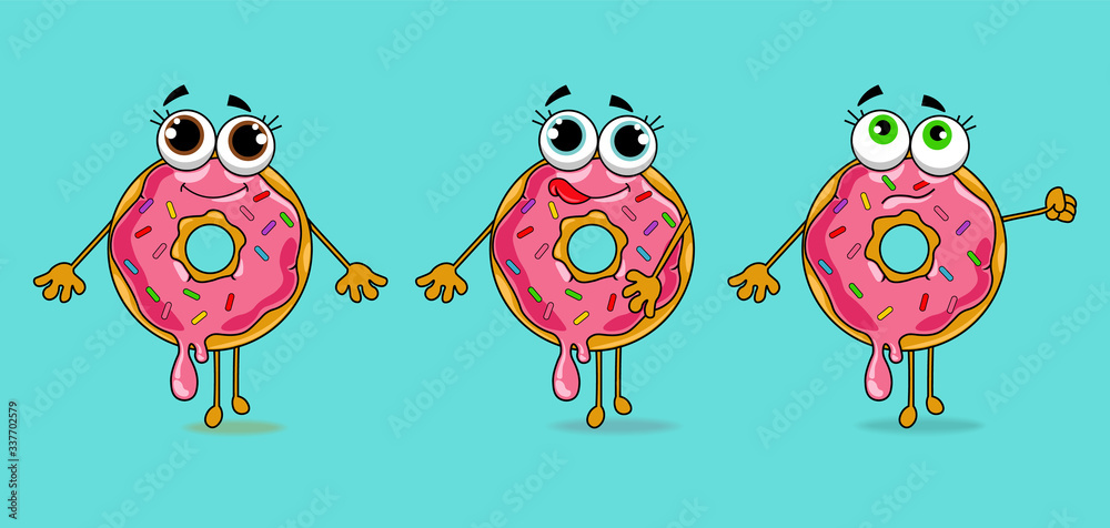 Obraz premium Cute donuts cartoon style blue background vector
