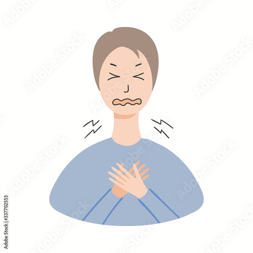 Coronavirus epidemic information concept. Sick person displaying one of Covid-19 symptoms, difficulty breathing, isolated on white. Hand drawn vector illustration. Poster, flyer. Flat style design.