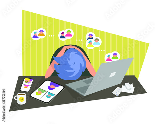 Vector Illustration of stressed school boy holding head during educational class. Notebook user overwhelmed with online lesson. quarantine homeschooling
