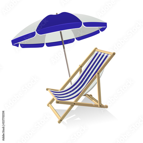 Wooden umbrella and deck chair. Summer trip, sea vacation and tropical travel concept. Vector illustration isolated.