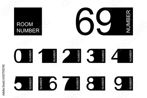 Abstract geometric minimal black and white monochrome modern room number font. Typography technology design square shape creative numeral nameplate. Black door hanger on white. Vector illustration