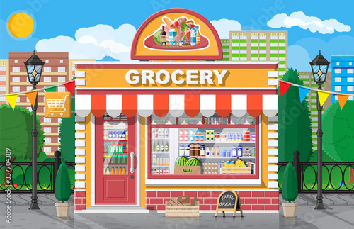 Grocery store front with window and door. Wooden and brick facade. Glass showcase of boutique. Small european style shop exterior. Commercial, property, market or supermarket. Flat vector illustration