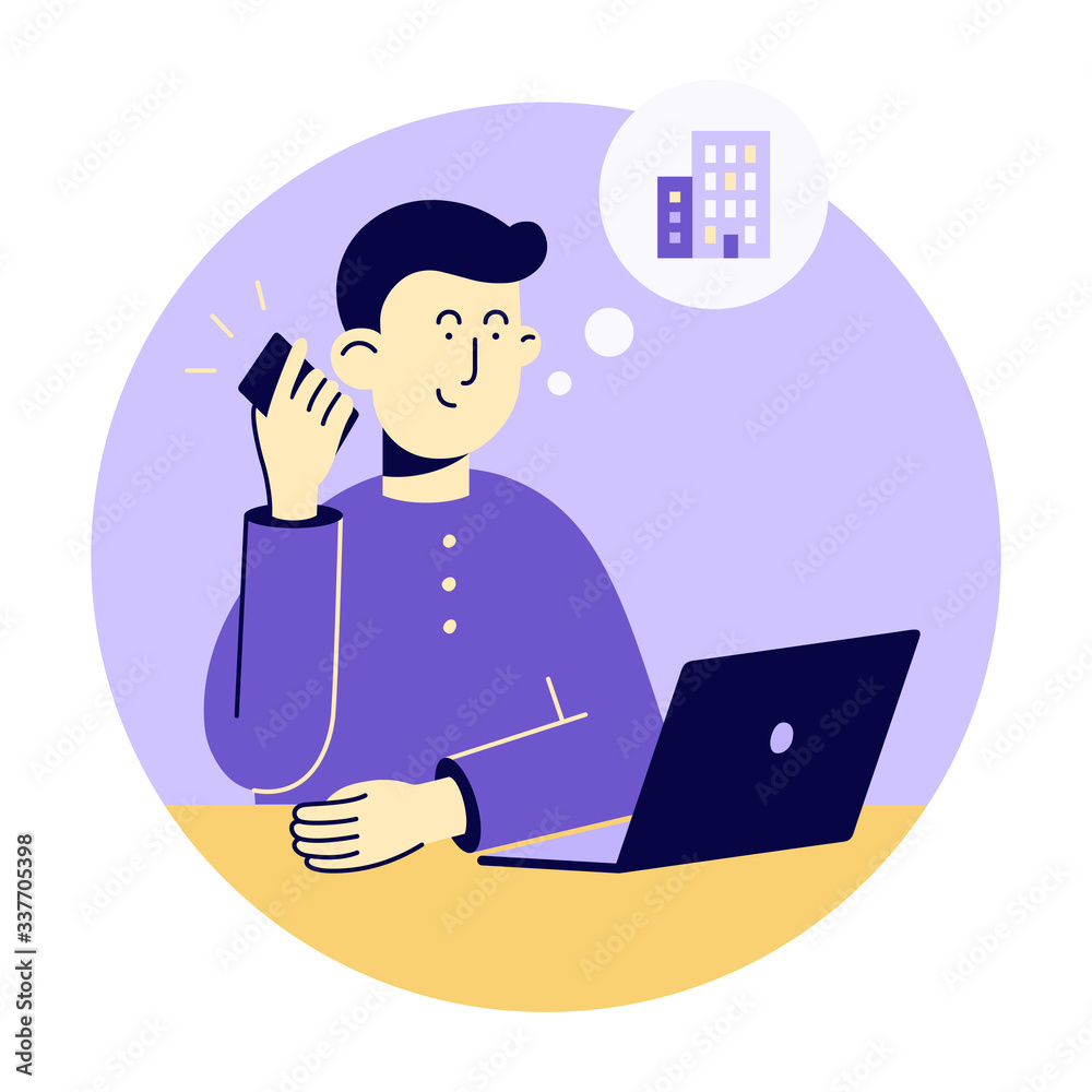 Man talking ordering delivery from store in front of laptop. Phone conversation about renting apartment or house. Real estate agent consulting client about property purchase. Flat vector illustration