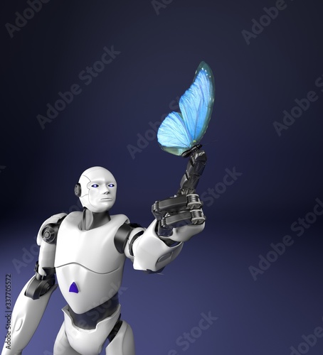 Humanoid robot with butterfly,3d render.