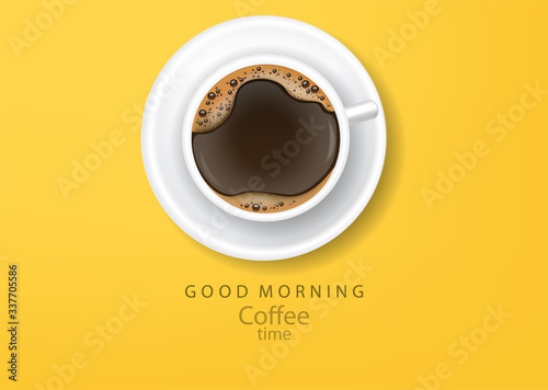 Coffee poster realistic vector illustration top view yellow background