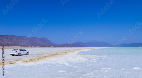 Close up view to the Salt pieces on the Coast line of the Lake Assal, Djibouti