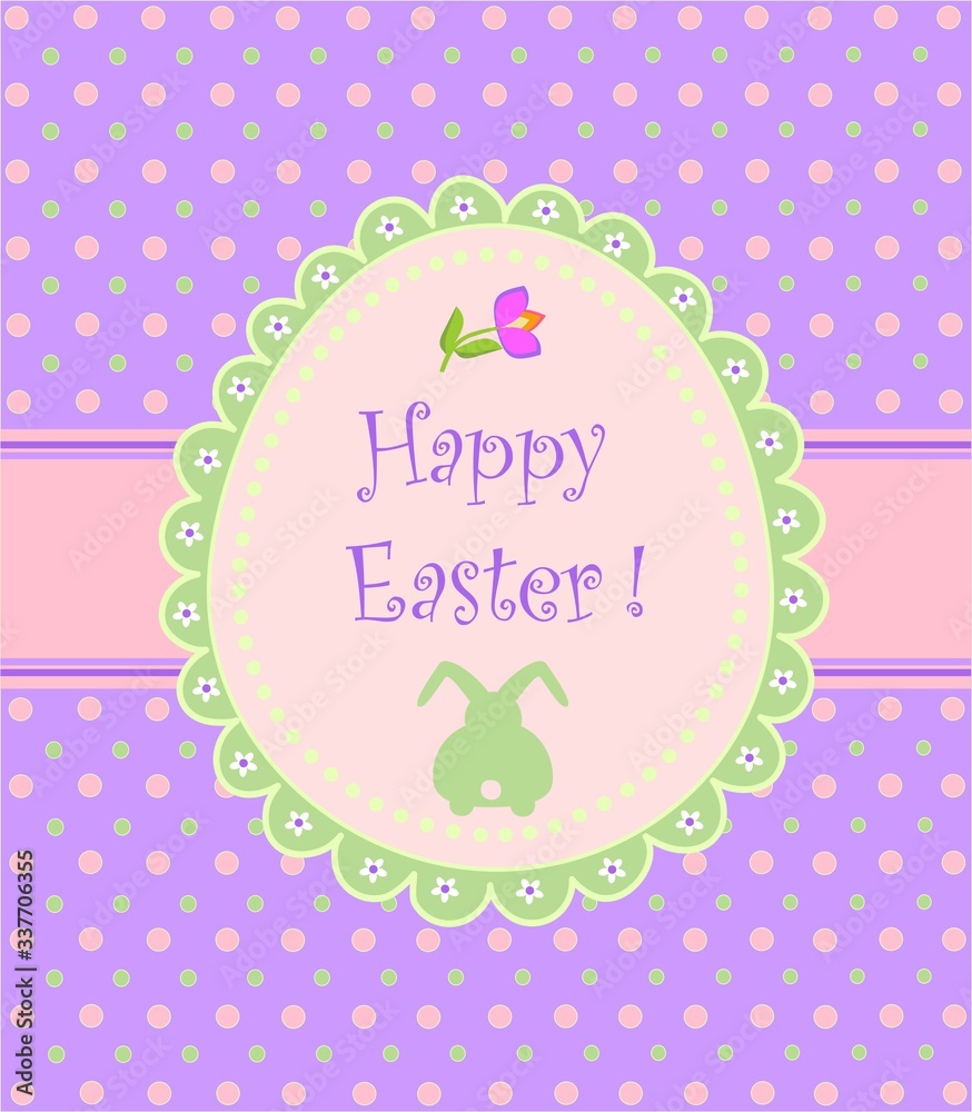 Funny childish Easter greeting card with polka dot background, egg shape with funny bunny and tulip