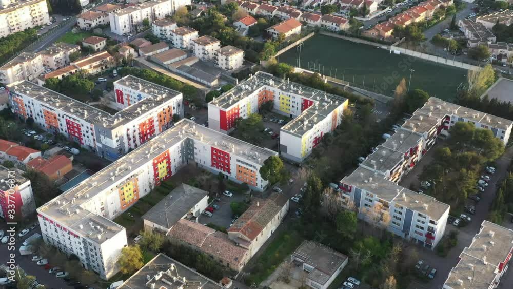 Montpellier large aerial view, Mas Drevon neighborhood residential with football field Montpellier large aerial view, Mas Drevon neighborhood residential with football field