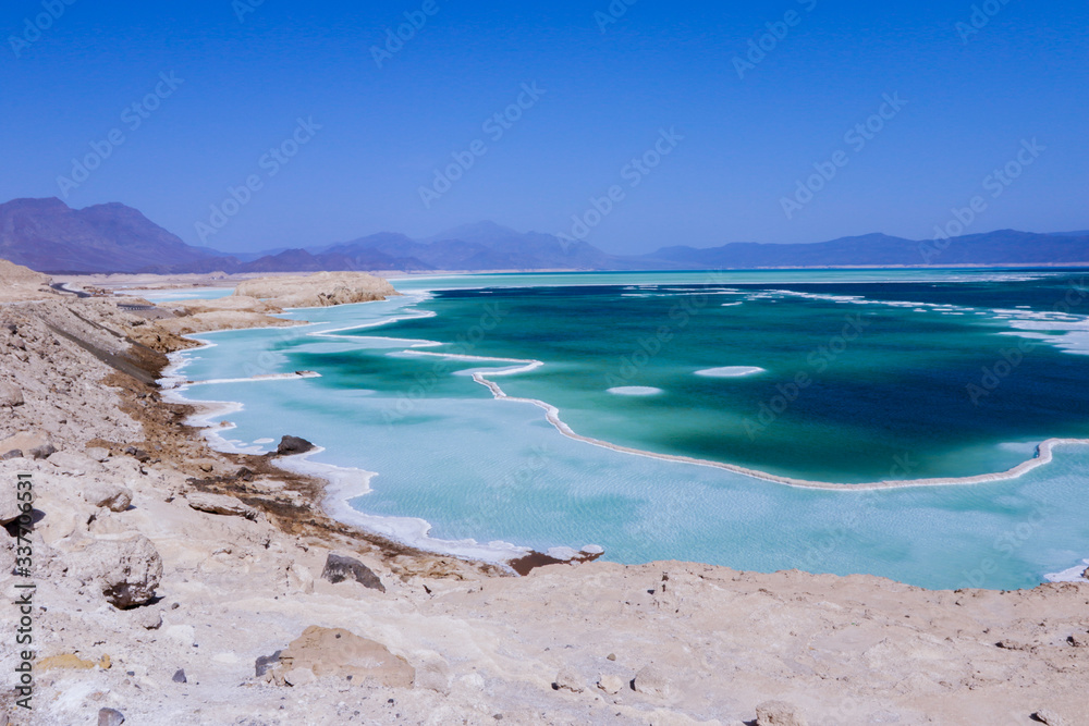 Salty Coastline of the Blue Lake Assal, Djibouti Salty Coastline of the Blue Lake Assal, Djibouti