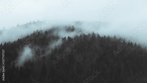 View of foggy mountains after raining. Rainy fog and mist clouds moving over coniferous black forest trees nature landscape of mountains in magical evening twilight atmosphere timelapse 4K