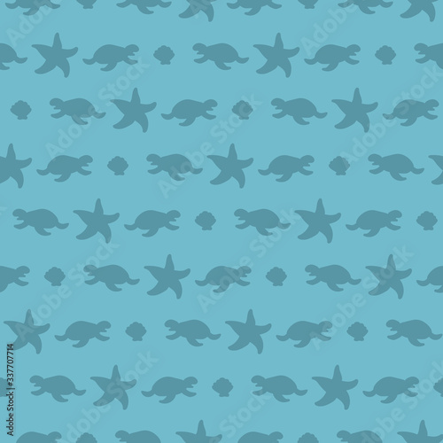 Turtles starfish and seashell silhouette seamless pattern